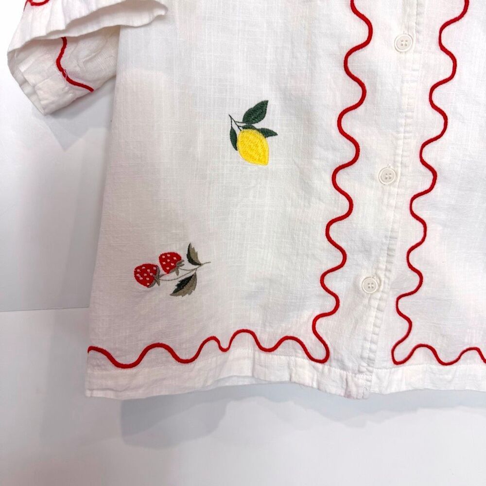 In Loom Embroidered Shirt Button Up Strawberry Lemon Picnic Short Sleeve Scallop - Picture 5 of 13